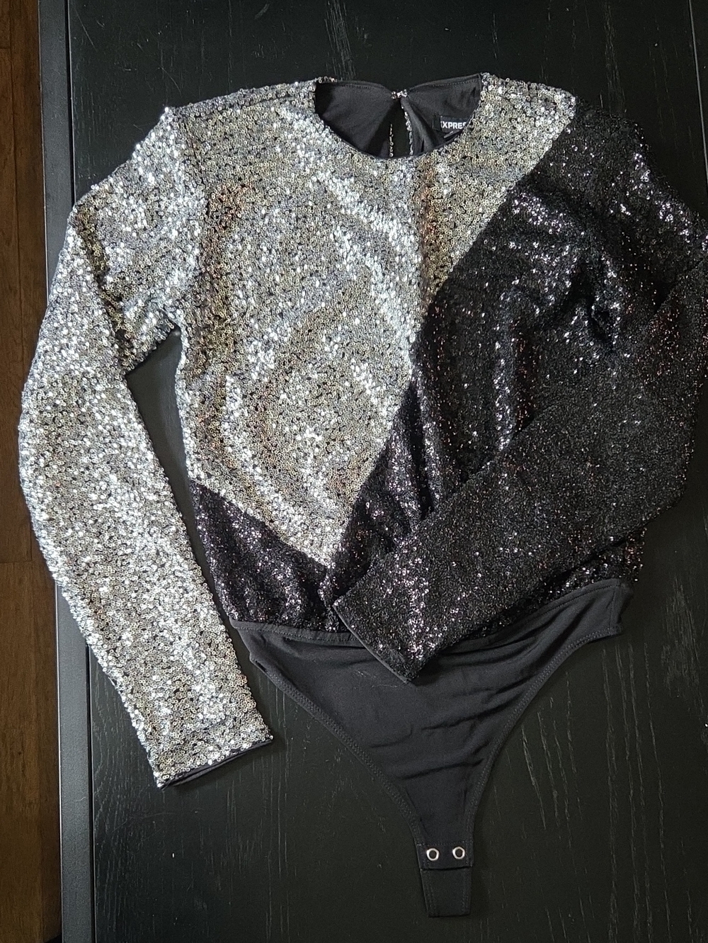Express Two-Tone Sequin Bodysuit - Silver & Black